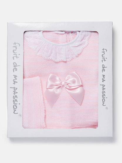 Baby Girl Striped Top 3-Piece Knitted Gift Box Set - Baby Pink