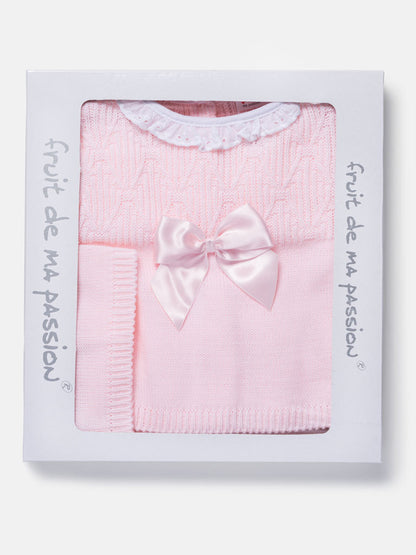 Baby Girl 3-Piece Knitted Pattern Top Gift Box Set - Baby Pink