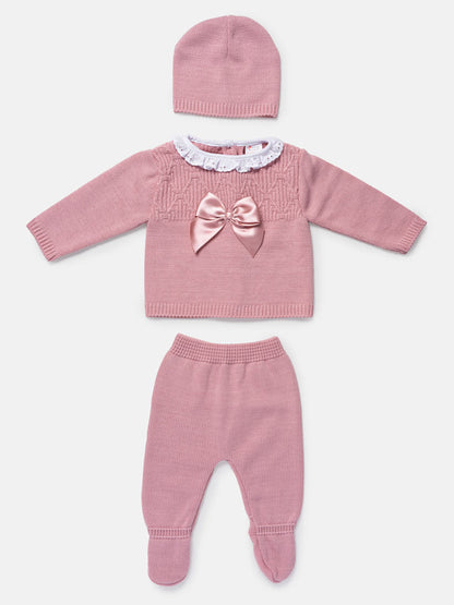 Baby Girl 3-Piece Knitted Pattern Top Gift Box Set - Dusty Pink