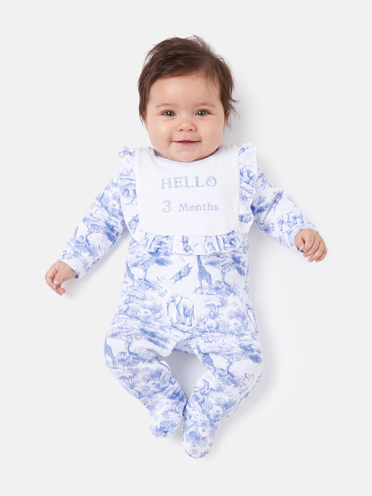 "Hello 1,3,6,12 Months" Embroidered Baby Grow with Frilled Bib - Safari Collection - Baby Blue