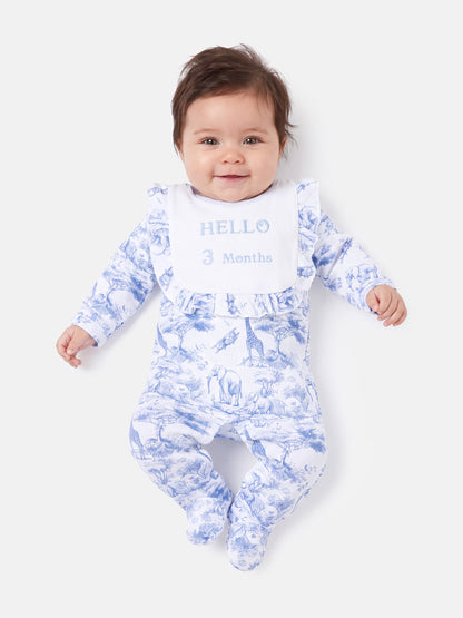 "Hello 1,3,6,12 Months" Embroidered Baby Grow with Frilled Bib - Safari Collection - Baby Blue