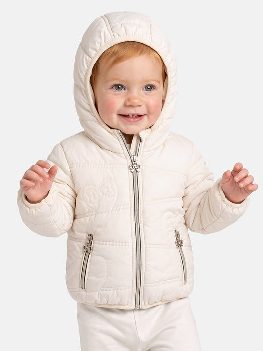 Baby Girl Padded Hooded Coat with Heart Pattern - Ivory