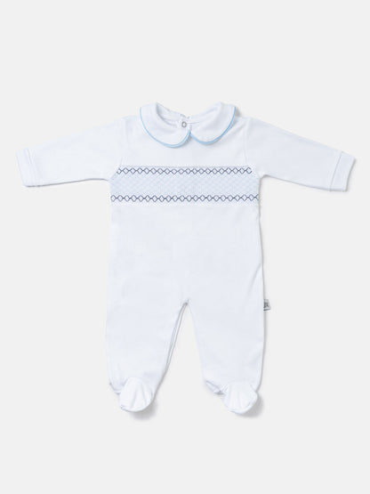Cotton Baby Grow with Smocked Detail - White & Baby Blue