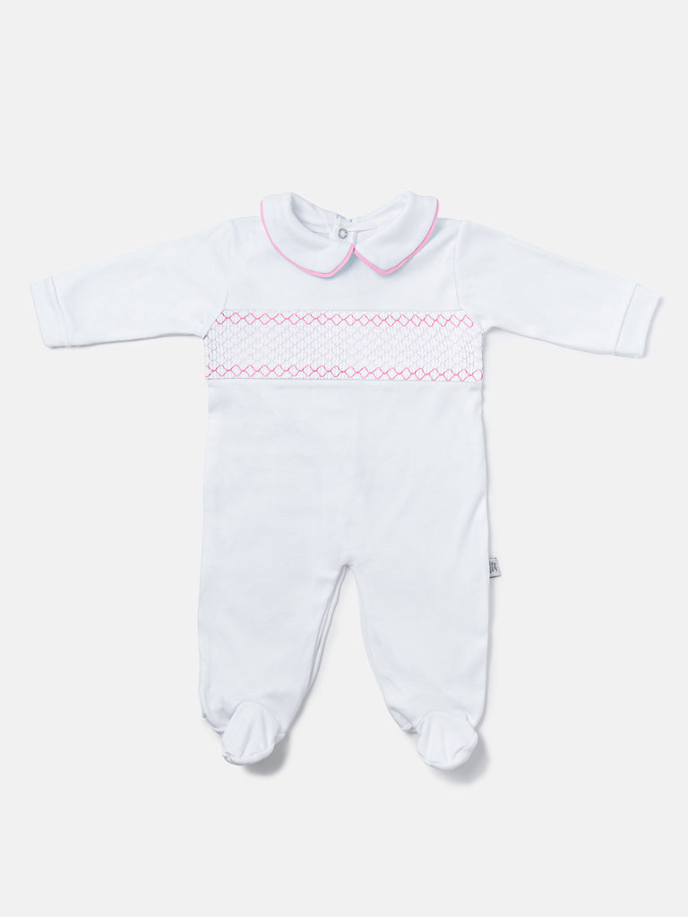 Cotton Baby Grow with Smocked Detail - White & Baby Pink
