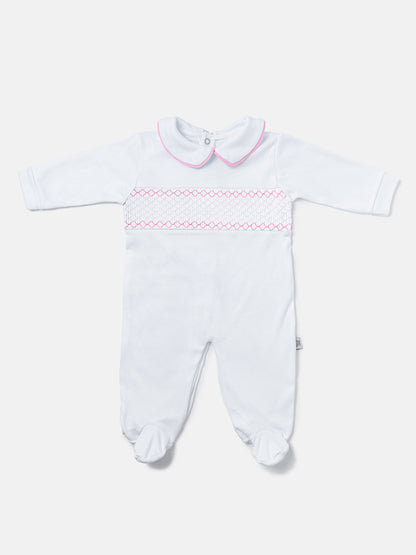 Cotton Baby Grow with Smocked Detail - White & Baby Pink