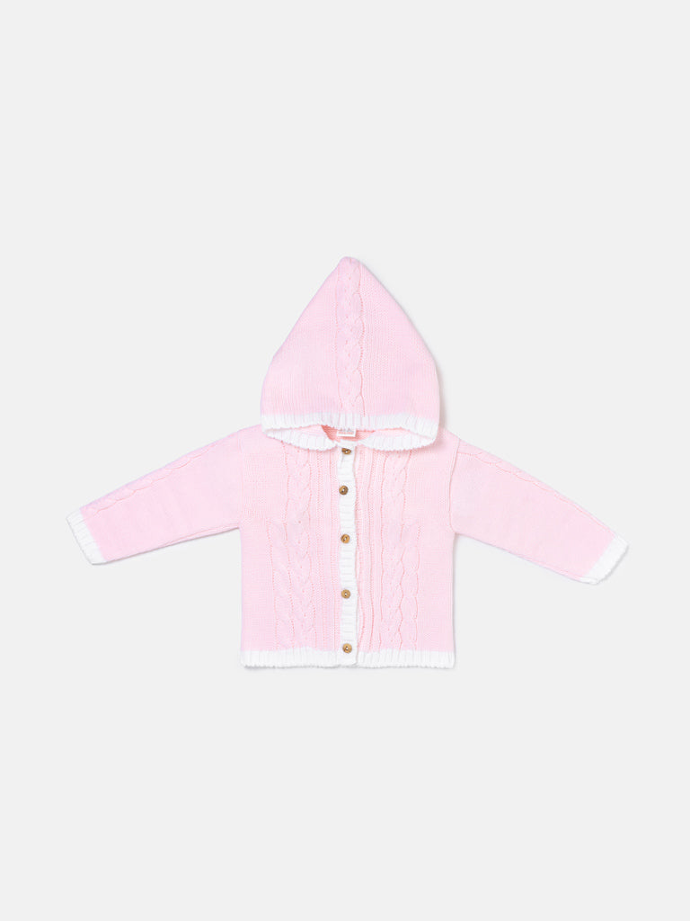 Unisex Hooded Knitted Cardigan with Single-Button Style - Baby Pink
