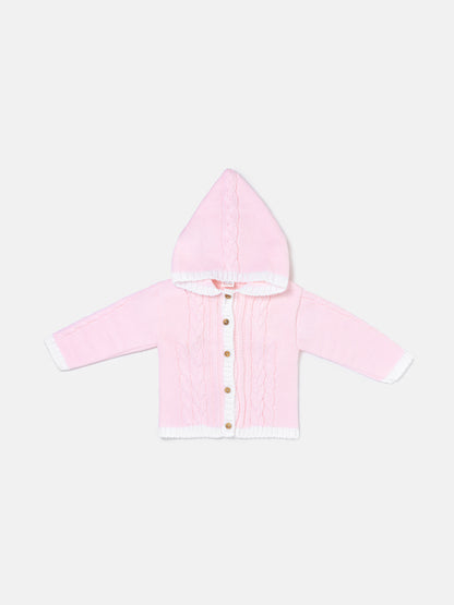 Unisex Hooded Knitted Cardigan with Single-Button Style - Baby Pink