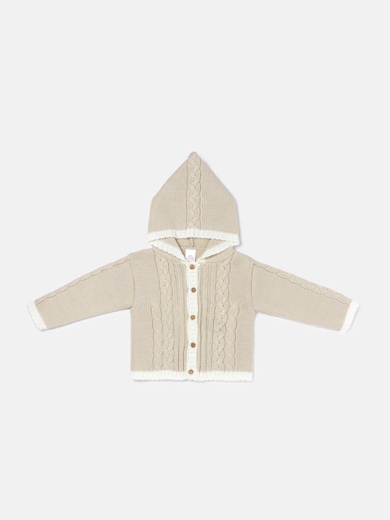 Unisex Hooded Knitted Cardigan with Single-Button Style - Beige