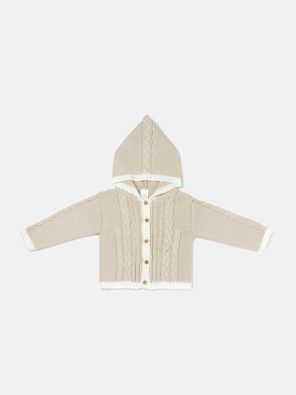 Unisex Hooded Knitted Cardigan with Single-Button Style - Beige