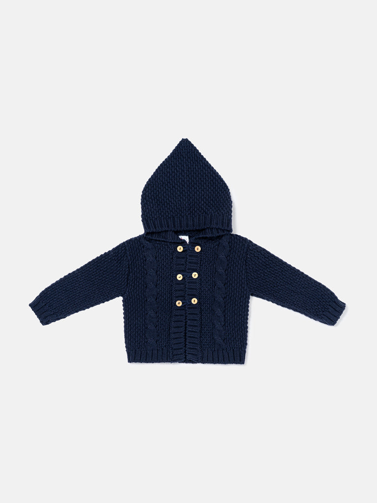Unisex Hooded Knitted Cardigan with Double-Button Detail - Navy Blue