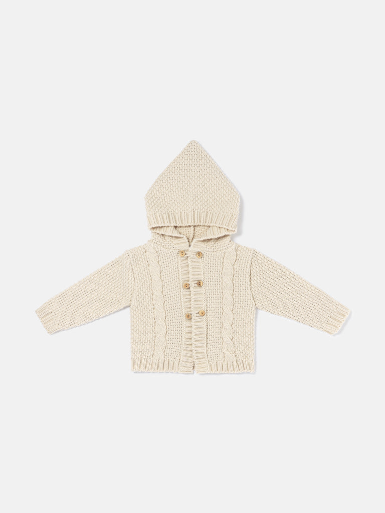 Unisex Hooded Knitted Cardigan with Double-Button Detail - Beige