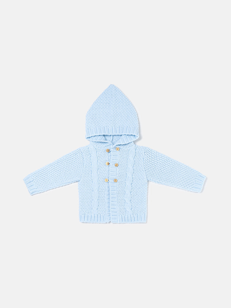 Unisex Hooded Knitted Cardigan with Double-Button Detail - Baby Blue
