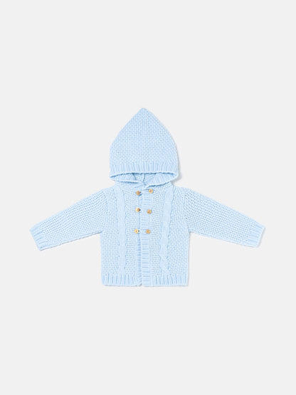 Unisex Hooded Knitted Cardigan with Double-Button Detail - Baby Blue