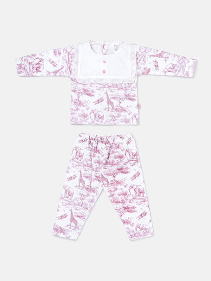 Baby Girl Safari Collection Two-Piece Velour Pyjama Set with Attached Frilly Bib - Baby Pink