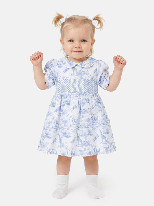 Baby Girl Smocked Summer Dress Safari Collection - Baby Blue