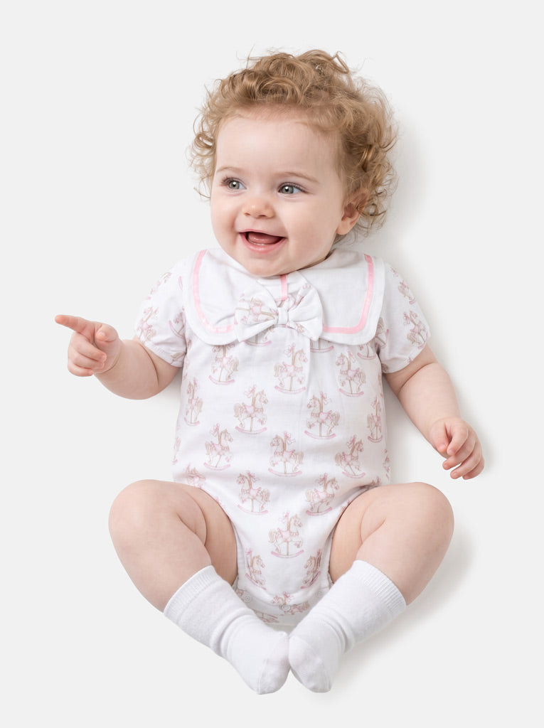 Baby Girl One-Piece Romper with Short Sleeves - Rocking Horse Collection - Baby Pink