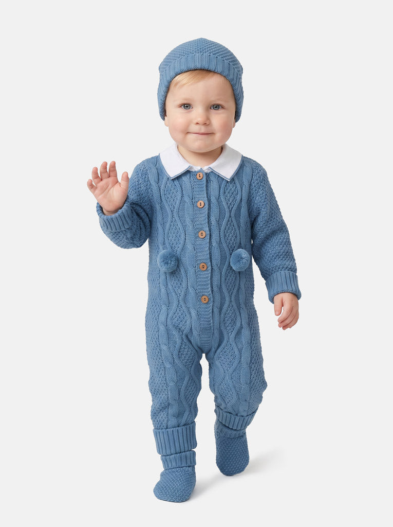 Baby Boy Gabriel Collection All-In-One Knitted 3-Piece Set with Pom-Poms - Blue