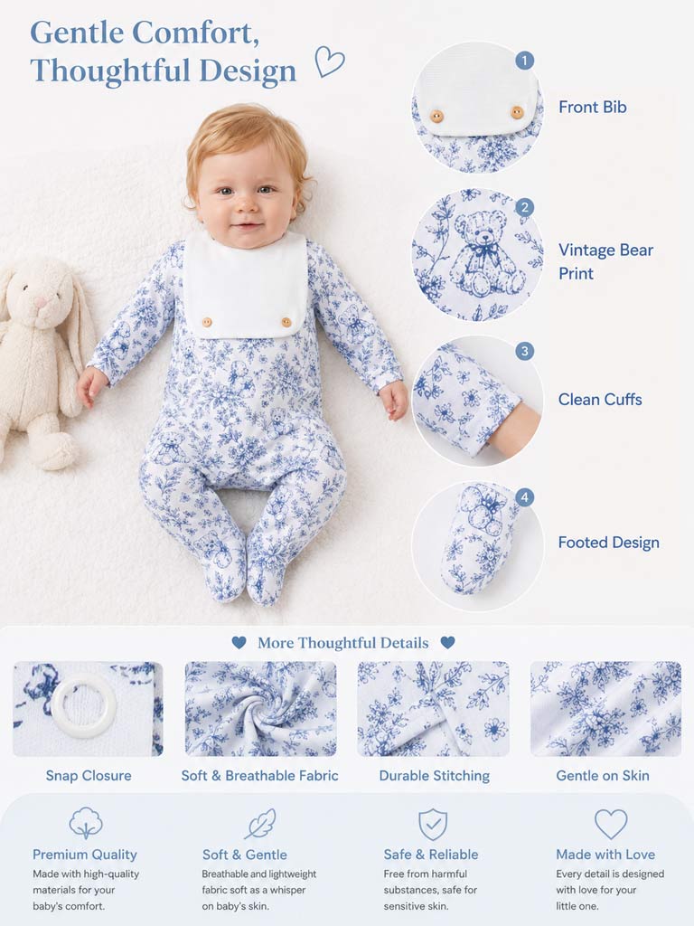 Baby Grow with Attached Bib - Teddy Collection - Navy Blue