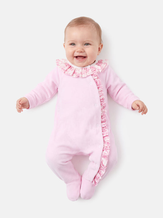 Velour Baby Grow for Girls with Printed Ruffle Details - Safari Collection - Baby Pink