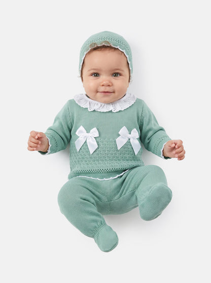 Baby Girl Satin Bows & Scalloped Trim 3-Piece Knitted Gift Box Set - Mint Green