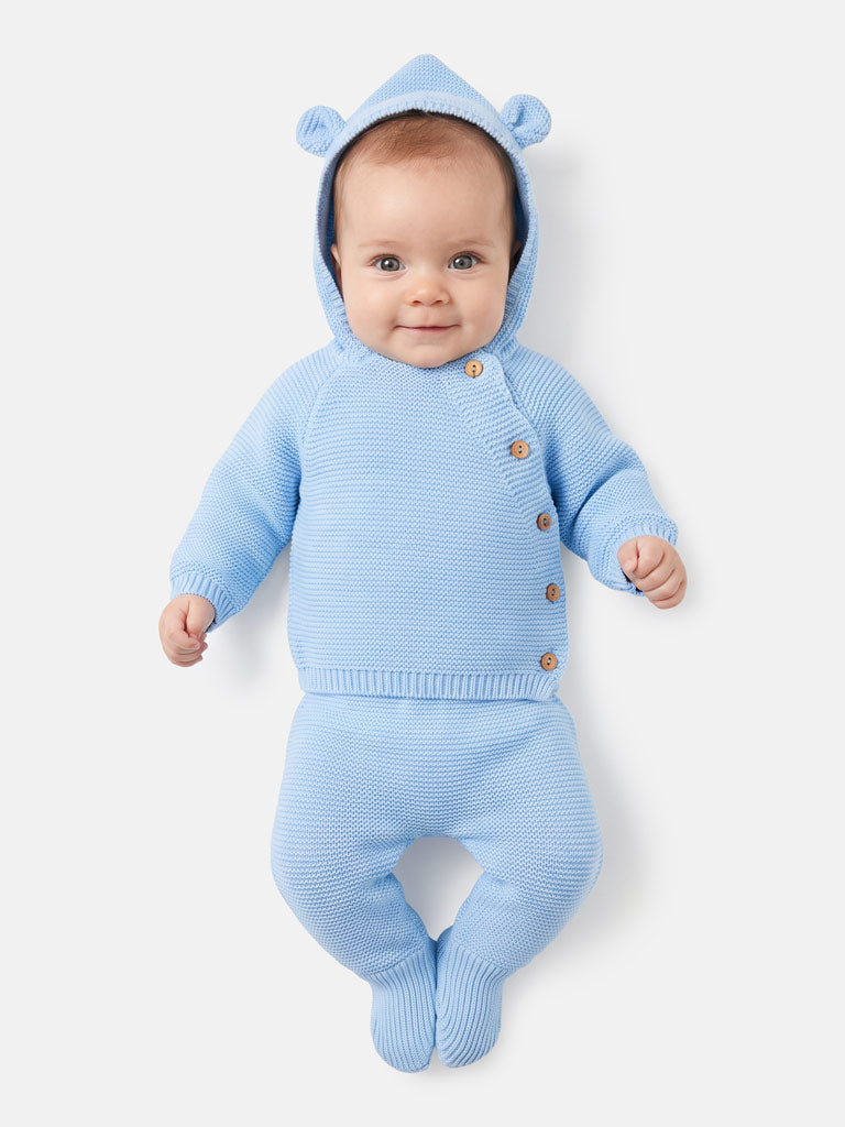 Baby 2-Piece Knitted Set with Hooded Top & Footed Trousers - Baby Blue