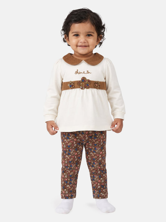 Baby Girl 2-Piece Leggings Set with Peter Pan Collar Francesca Collection - Brown