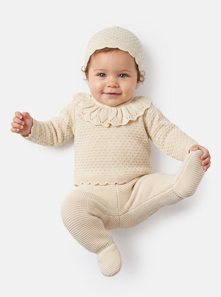 Baby Girl Ruffle Collar Openwork Knitted 3-piece Gift Box Set - Beige