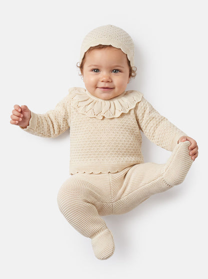 Baby Girl Ruffle Collar Openwork Knitted 3-piece Gift Box Set - Beige