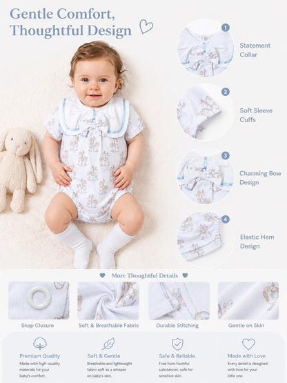 Baby Girl One-Piece Romper with Short Sleeves - Rocking Horse Collection - Baby Blue