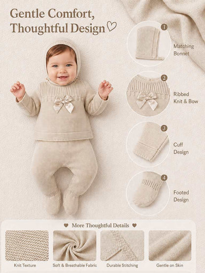 Baby Girl Spanish Style Satin Bow 3-Piece Knitted Gift Box Set - Beige