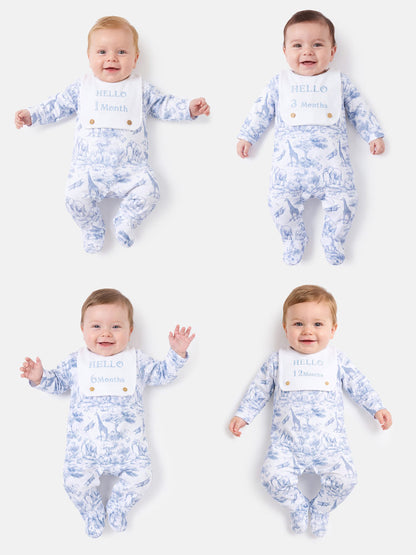"Hello 1,3,6,12 Months" Embroidered Baby Grow with Attached Small Bib - Safari Collection - Baby Blue
