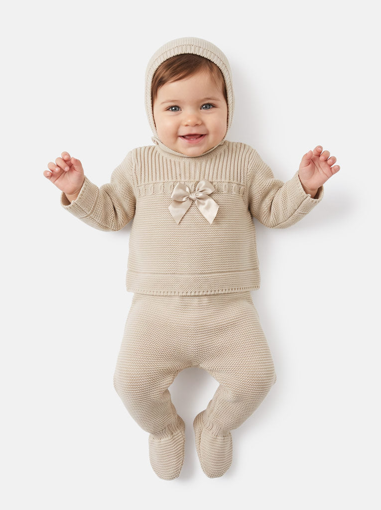 Baby Girl Spanish Style Satin Bow 3-Piece Knitted Gift Box Set - Beige
