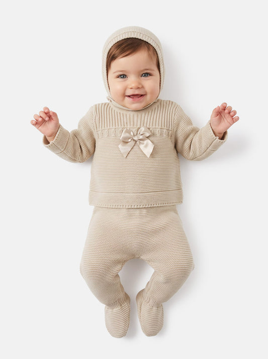 Baby Girl Spanish Style Satin Bow 3-Piece Knitted Gift Box Set - Beige