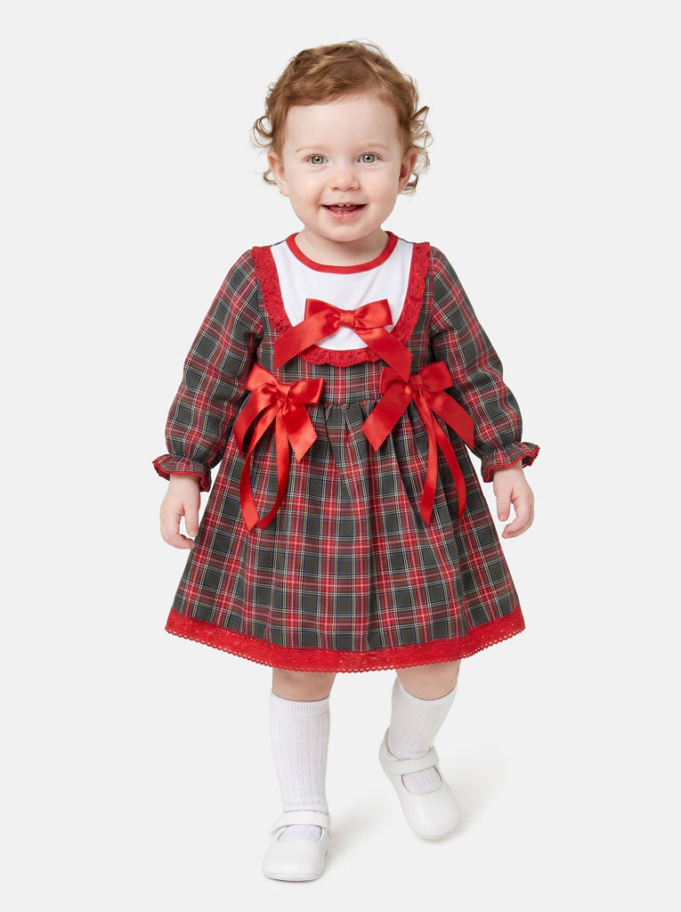 Baby Girl Little Reindeer Collection Tartan Dress with 3 Satin Bows - Red & Green