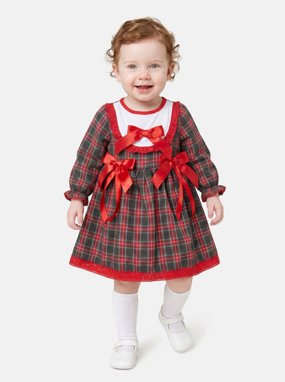 Baby Girl Little Reindeer Collection Tartan Dress with 3 Satin Bows - Red & Green