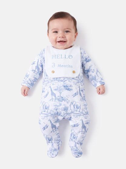 "Hello 1,3,6,12 Months" Embroidered Baby Grow with Attached Small Bib - Safari Collection - Baby Blue