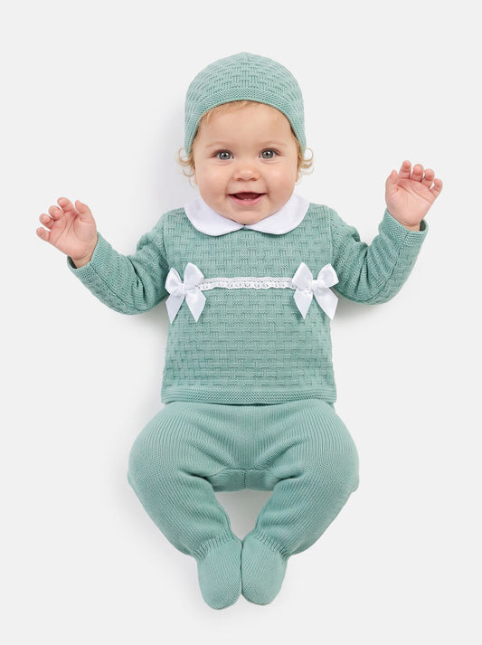 Baby Girl Twin Satin Bow Knitted 3-piece Gift Box Set - Mint Green