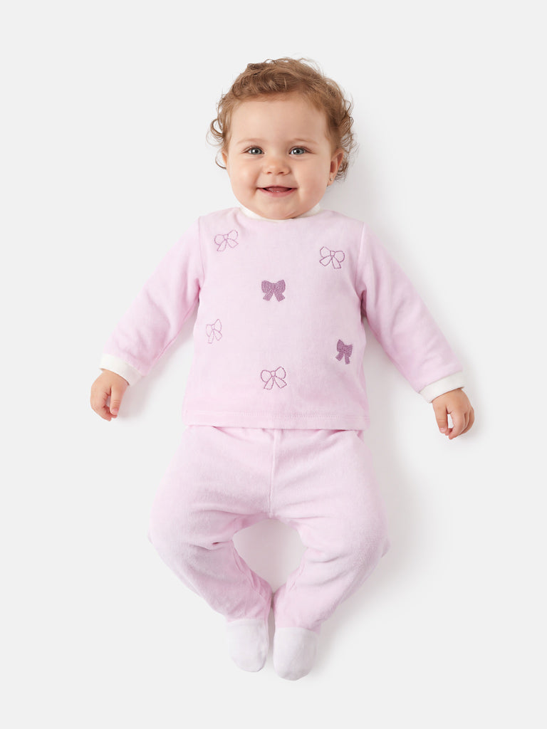 Baby Girl Bettina Collection 2-Piece Velour Pyjama Set with Bows Design - Baby Pink