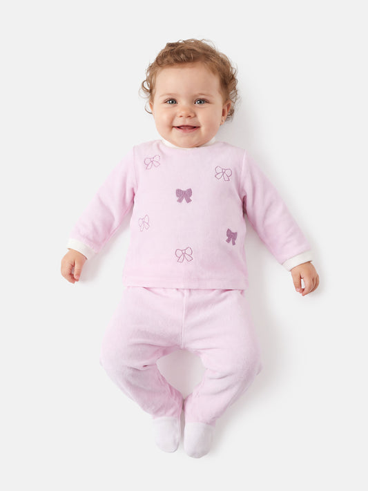 Baby Girl Bettina Collection 2-Piece Velour Pyjama Set with Bows Design - Baby Pink