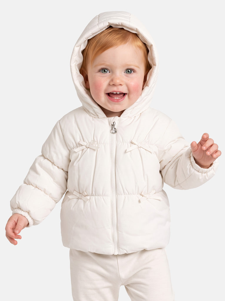 Baby Girl Padded Hooded Coat with 4 Little Bows - White