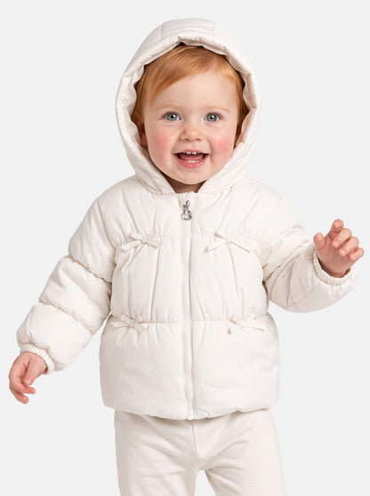 Baby Girl Padded Hooded Coat with 4 Little Bows - White