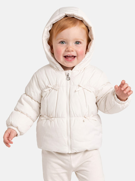 Baby Girl Padded Hooded Coat with 4 Little Bows - White