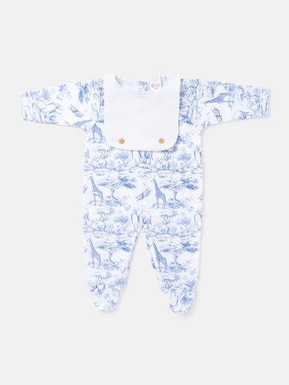 Baby Grow with Attached Small Bib - Safari Collection - Baby Blue