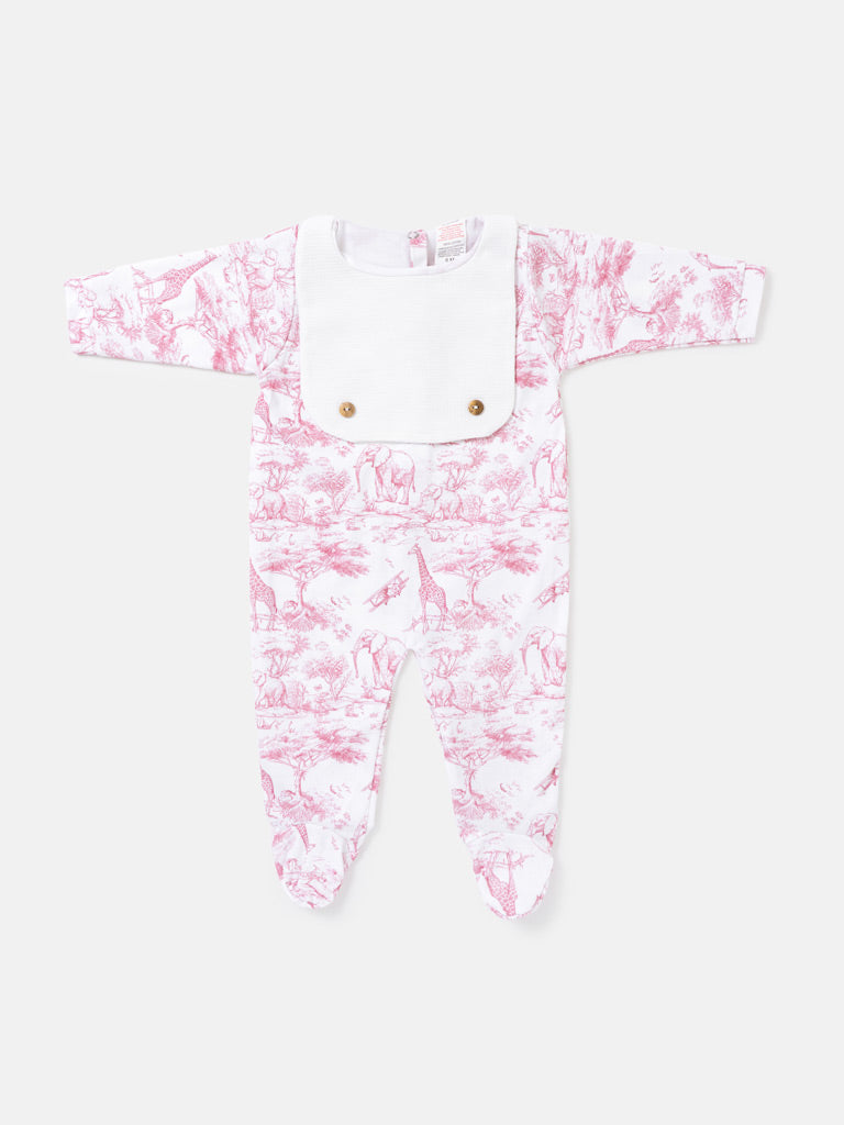 Baby Grow with Attached Small Bib - Safari Collection - Baby Pink