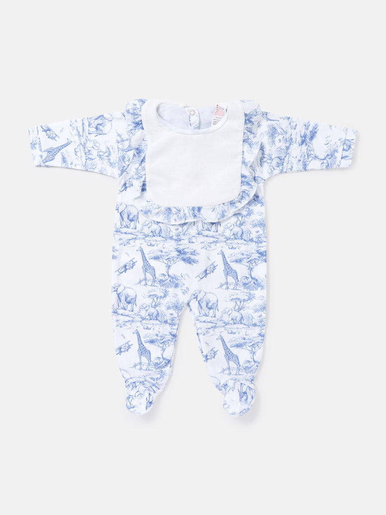 Cotton Baby Grow for Girls with Frilly Bib - Safari Collection - Baby Blue
