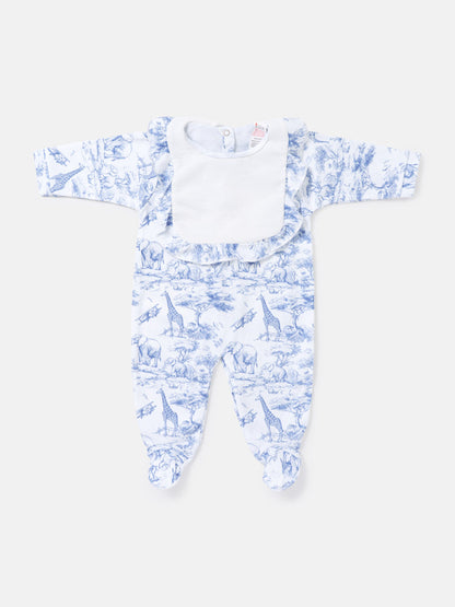 Cotton Baby Grow for Girls with Frilly Bib - Safari Collection - Baby Blue