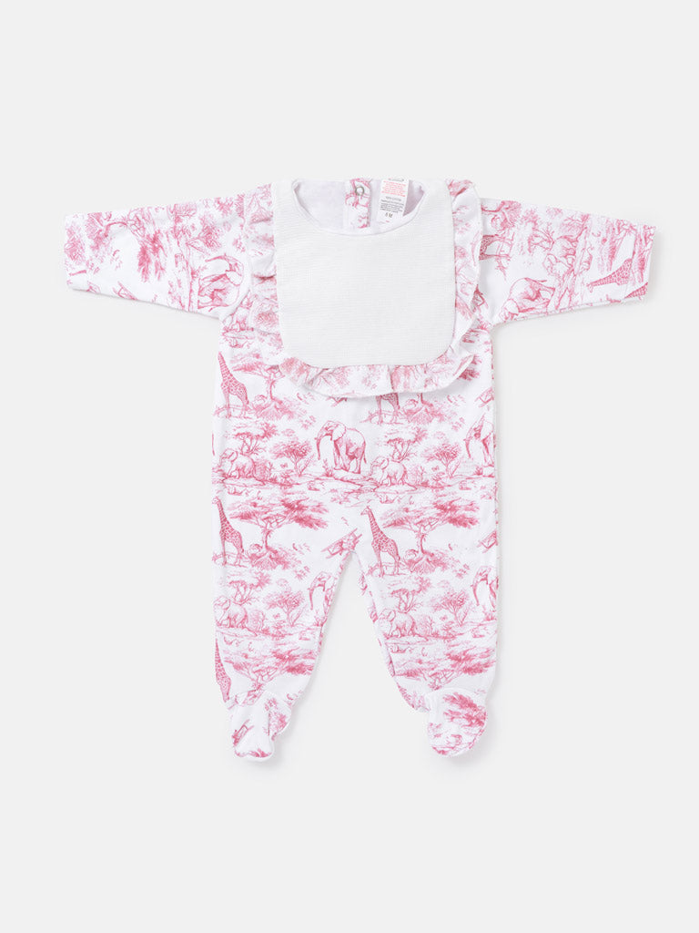 Cotton Baby Grow for Girls with Frilly Bib - Safari Collection - Baby Pink