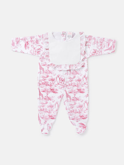Cotton Baby Grow for Girls with Frilly Bib - Safari Collection - Baby Pink