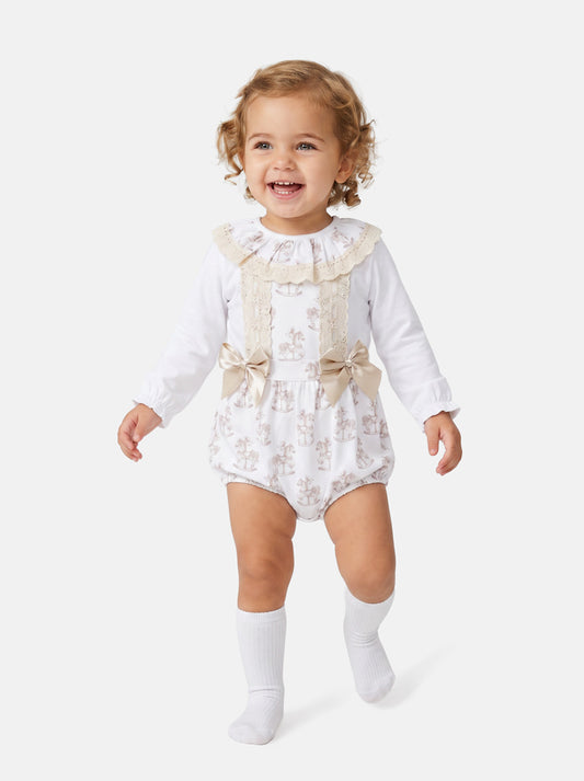 Baby Girl 2-piece Romper Set with Long Sleeves - Rocking Horse Collection - Beige