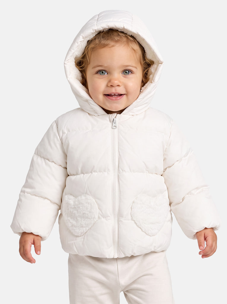 Baby Girl Padded Hooded Coat with Furry Heart Pockets - White
